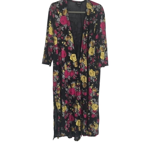 TORRID Mesh Duster Cardigan SZ 1/2 (1X/2X) Black Multicolor Floral Shimmer Slits - Picture 5 of 14